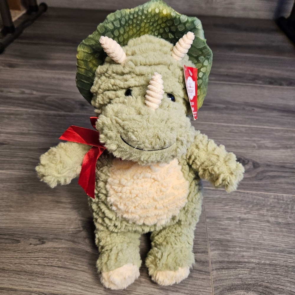 Walmart Dinosaur Triceratops Plush Green Ribbed Red Scarf 10" Stuffed Animal Toy